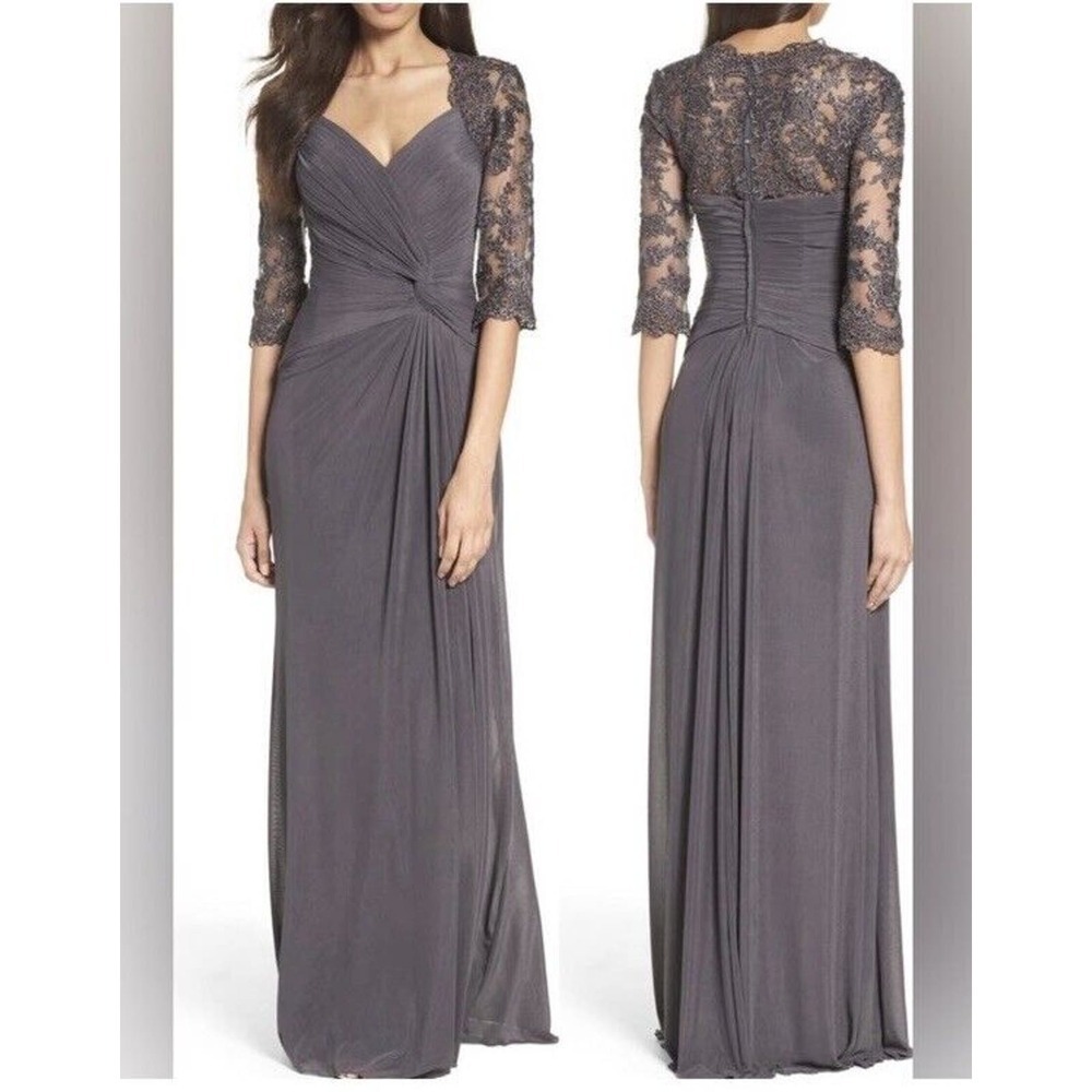 Nwt La Femme Rhinestone Sleeve Twist Front Gown Women 23244 Gunmetal Gray 8